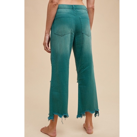 "The Jayde" Deep Green Distressed Light Weight Denim Jeans - Picture 2 of 2